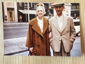 My grandparents, Peggy and Jim Hutchison, visiting my husband and me in San Francisco. When I complained about being too cold all the time (even though we all came from Montreal), my grandmother gave me this Balenciaga cocoon coat off her back.